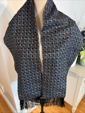 Vintage Silk Dion Collection Navy Geometric Fringe Men's Scarf